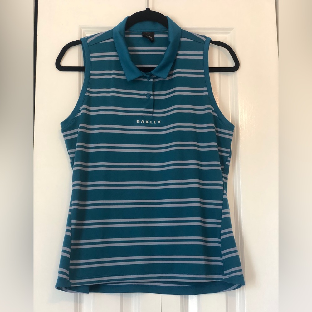 Oakley Stripped Sleeveless Polo Button Up Top
